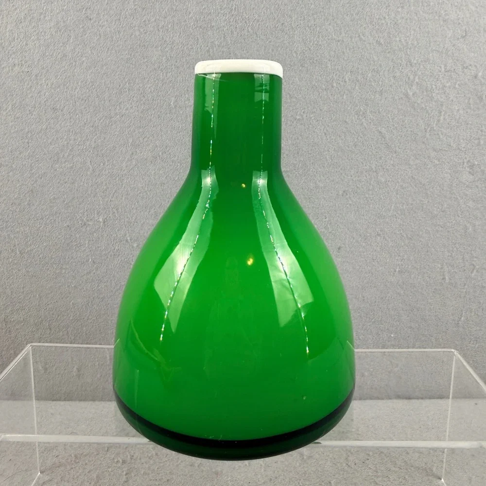 Vintage Mid Century Emerald Green Cased Glass Vase White‎ Rim 6 Inch MCM Decor